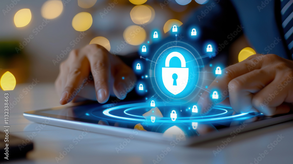 Poster a person interacting with a digital tablet showcasing a secure lock symbol amidst a blurred backgrou