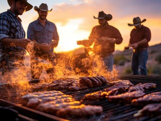 Sunset BBQ Grill Party Cowboys Grilling Meat at Dusk