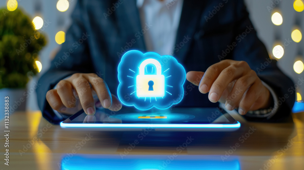 Poster a professional engages with a digital tablet, displaying a cloud-based security lock symbol, emphasi