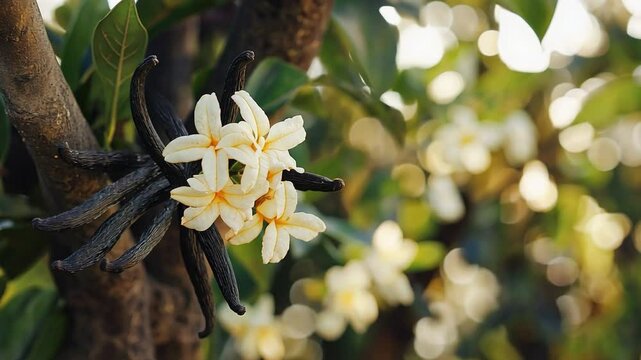 Vanilla blossoms and beans on a vanilla tree plant