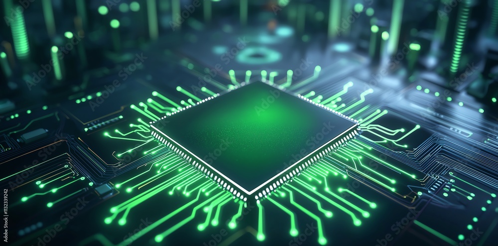 Poster high-tech microchip glowing in a futuristic circuit board setting. illustrates advanced digital tech