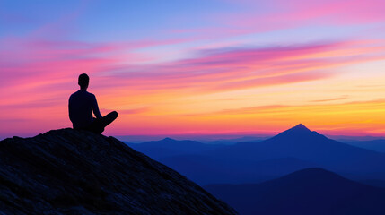 Obraz premium A silhouette of a person meditating at sunset, surrounded by mountains and vibrant colors in the sky. emotional well being.