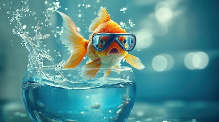 Goldfisch mit Taucherbrille springt aus dem Wasser