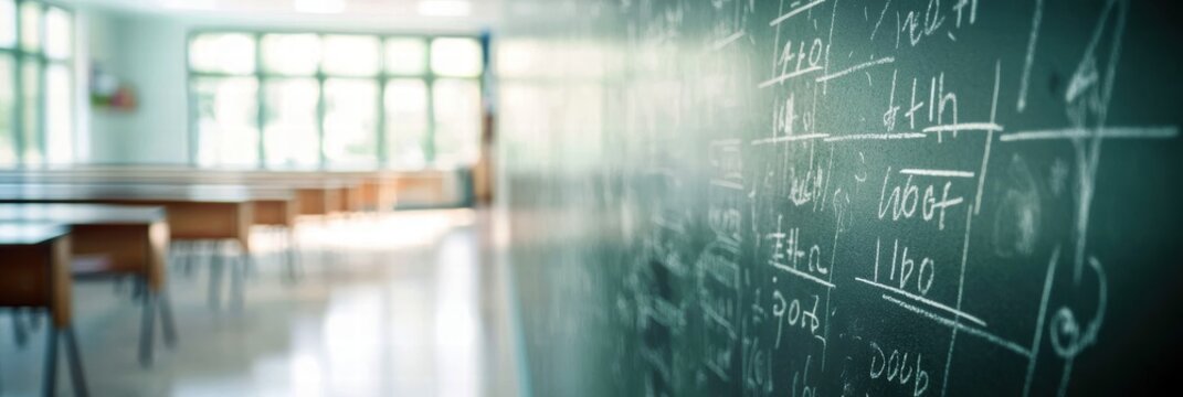 A classroom with a chalkboard filled with mathematical equations and empty desks.