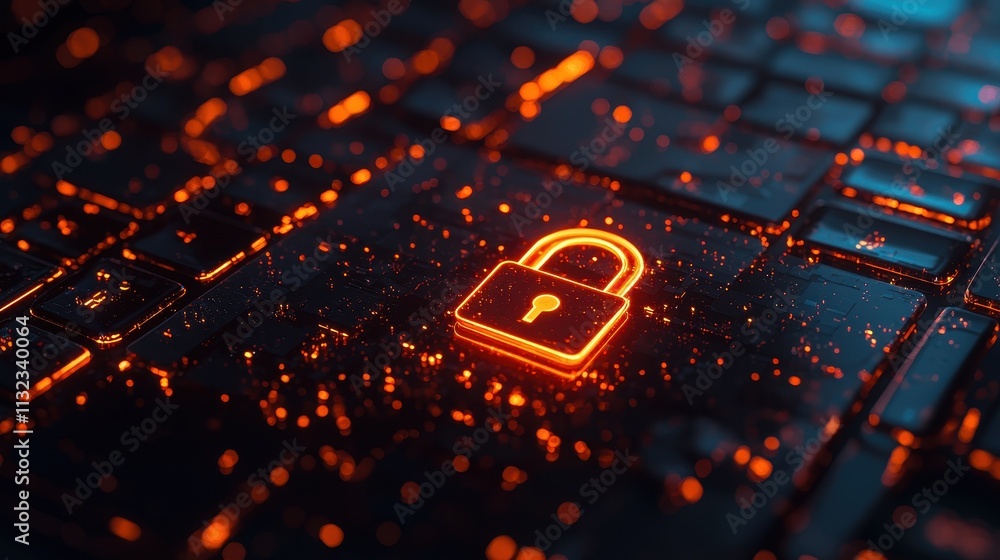 Aufkleber cyberattack prevention, a glowing lock symbol on a digital keyboard, representing security and prote
