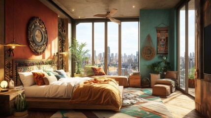 Fototapeta premium Cozy Modern Bedroom with Large Windows and City View Decor
