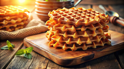 Fototapeta premium Freshly baked golden brown waffles stacked on wooden board, radiating warmth and deliciousness, perfect for breakfast or dessert