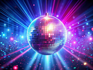 dazzling disco ball suspended mid air, surrounded by glowing neon lights and vibrant beams. colorful lights create lively atmosphere perfect for dancing