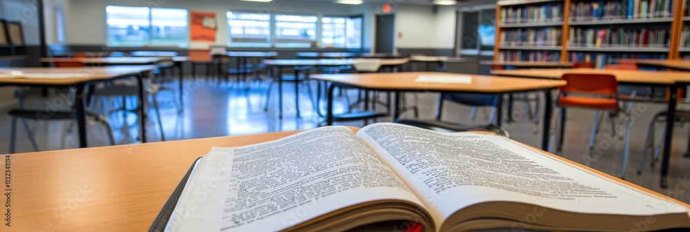 Poster an open book on a table in a bright, modern classroom setting.