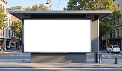 Fototapeta premium A modern blank billboard in a busy urban street surrounded by buildings, trees, and people on a sunny day.