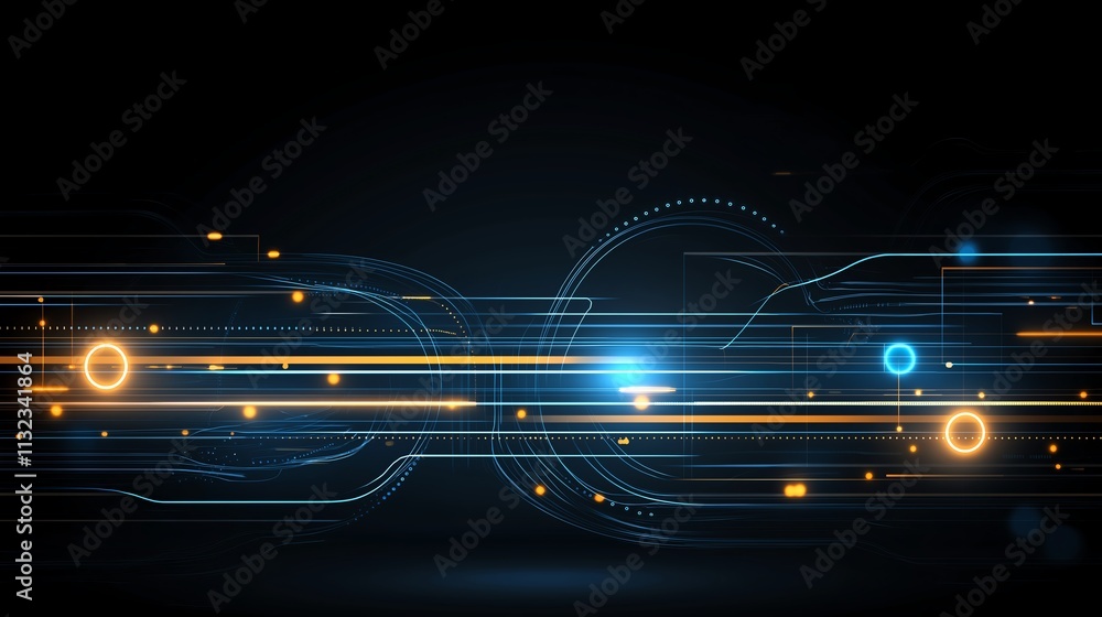 Poster futuristic digital interface with glowing lines and nodes on a dark background, symbolizing advanced