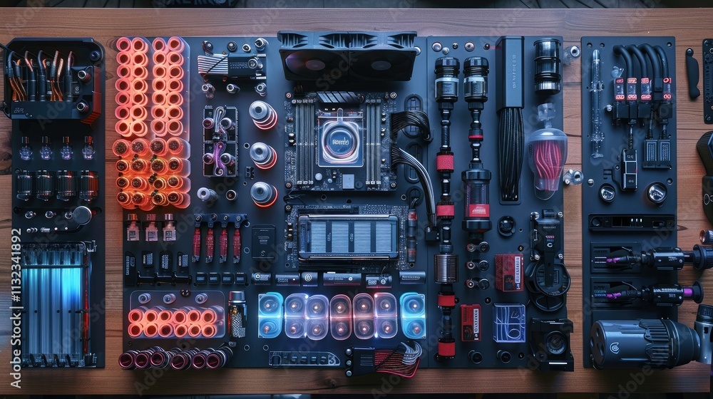 Poster Overhead shot of custom-built computer components arranged on a wooden surface.