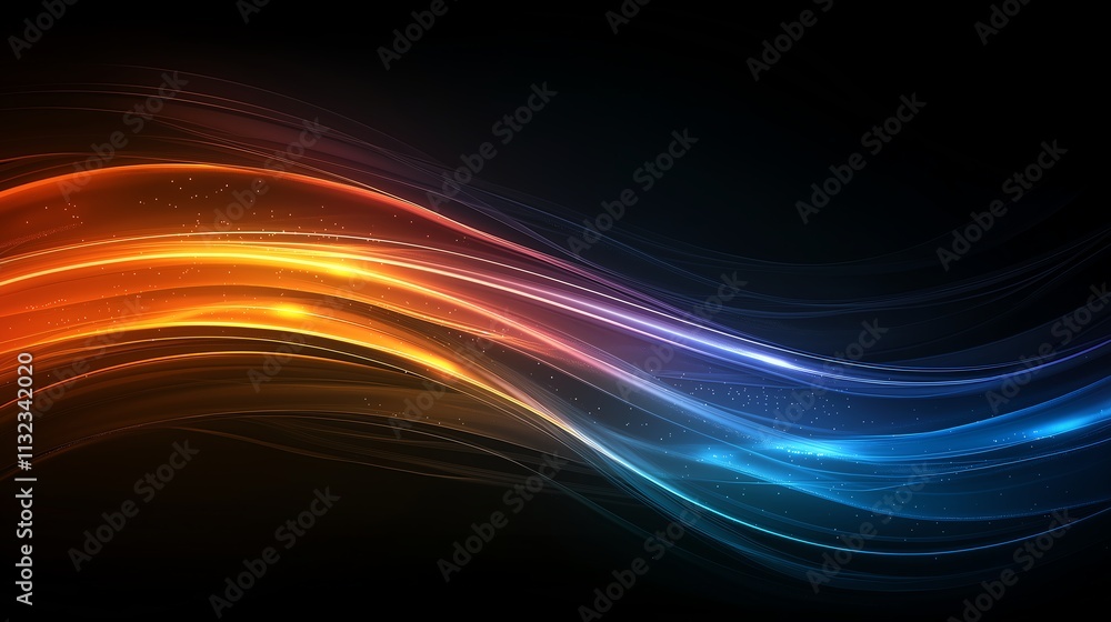 Poster a dynamic abstract background with flowing orange and blue light waves on a dark backdrop, perfect f