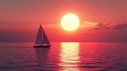 Fototapeta premium Sailboat at sunset on calm ocean.