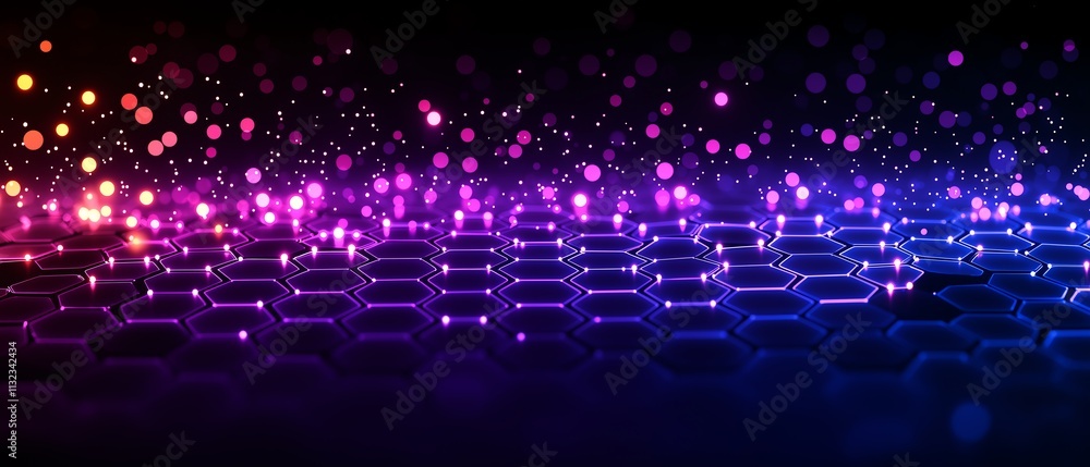 Poster a vibrant digital landscape with hexagonal patterns and glowing orbs, representing futuristic techno