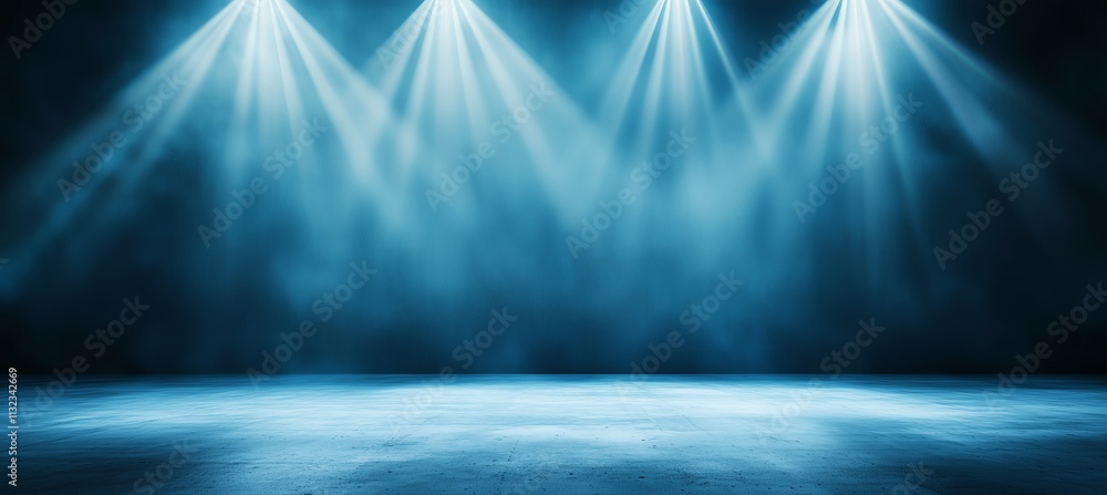 Poster bright stage lights illuminate an empty stage with a misty atmosphere, creating a dramatic setting i
