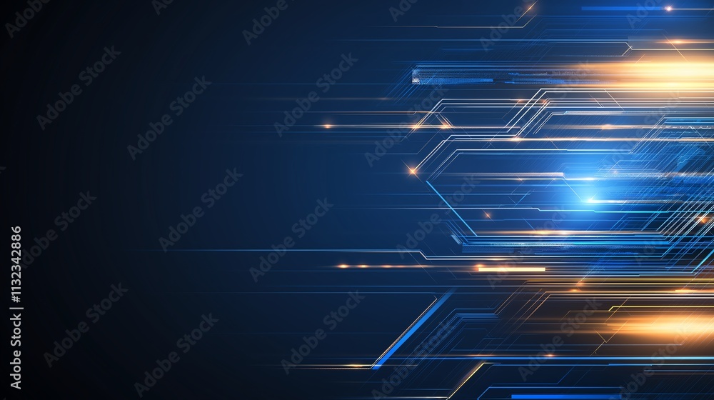 Poster futuristic digital abstract background with glowing lines and circuit patterns, radiating light in b