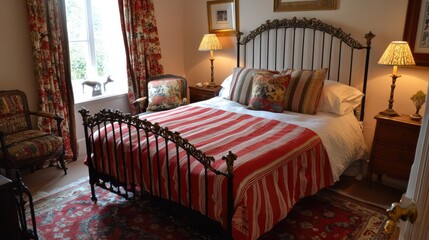 Cozy and Elegant Bedroom with Floral Decor and Striped Bedding