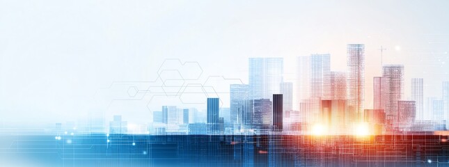 Obraz premium Futuristic cityscape with modern skyscrapers and abstract digital overlay, symbolizing innovation, technology, and urban growth