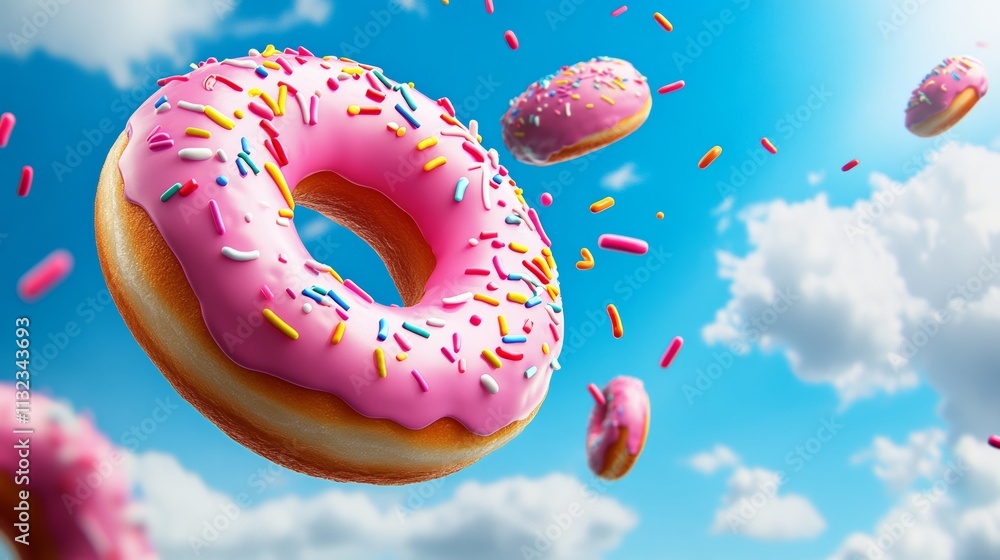 Poster donut with sprinkles is flying through the air. the image has a playful and whimsical mood, as the d