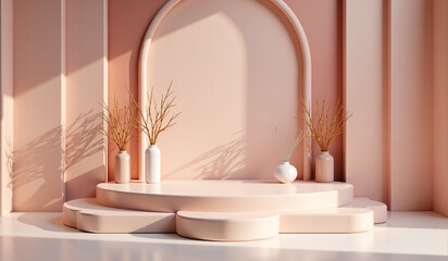 Fototapeta premium Soft pink interior with a layered stage, arched backdrop, vases holding dried branches, and natural light casting shadows, creating a warm and elegant minimalist design.