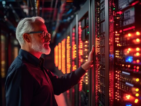 Senior IT Specialist Examining Server Racks in Data Center