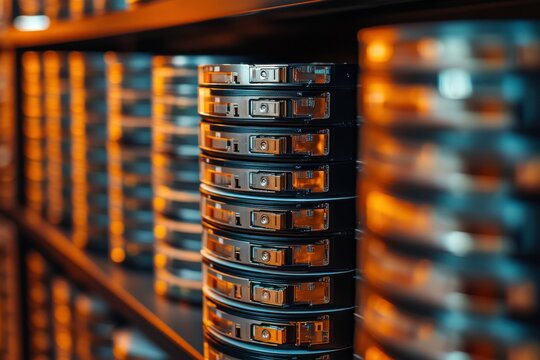 Neatly Arranged Hard Drives on a Warm Office Shelf