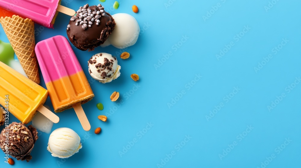 Aufkleber blue background with a variety of ice cream and popsicles. the ice cream and popsicles are arranged 