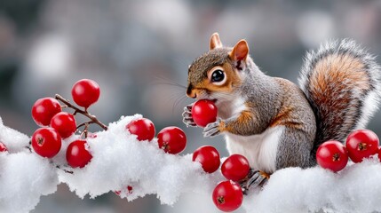 Obraz premium Squirrel is eating a red berry on a snowy branch. Concept of warmth and coziness, as the squirrel is enjoying a snack in the midst of winter