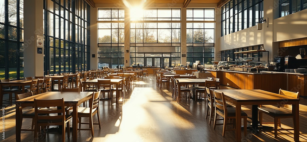 Poster a bright, spacious caf? with wooden tables and large windows.