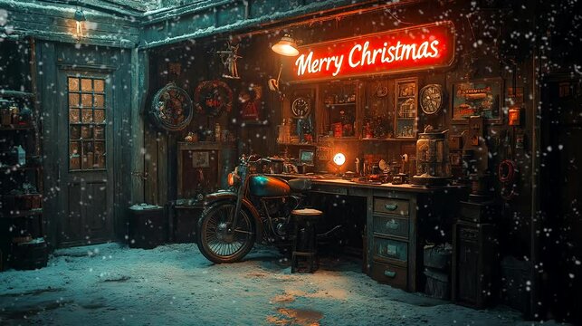 Santa's workshop Christmas background with text "Merry Christmas". seamless looping time-lapse virtual 4k video animation background