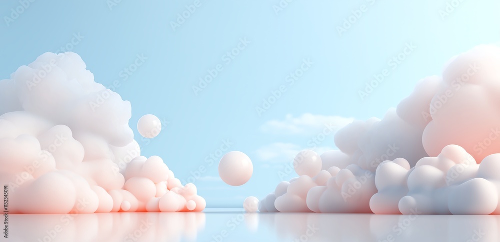 Poster Dreamy pastel clouds float in a serene sky with soft lighting, creating a whimsical and calm atmosphere perfect for creative graphic backgrounds and design resources.