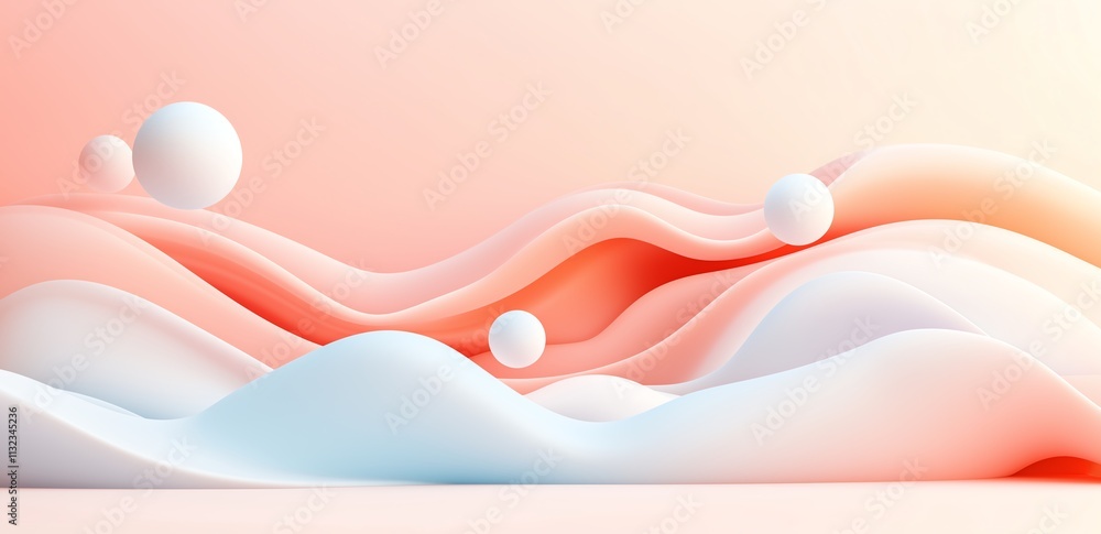 Poster an abstract 3d rendering featuring smooth pastel waves and floating spheres, creating a tranquil and