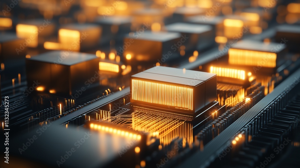 Poster abstract close-up of glowing microchips on a circuit board, representing modern technology and innov