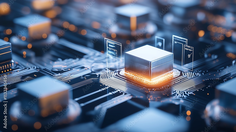 Aufkleber a futuristic circuit board with a glowing central processor, symbolizing advanced technology and inn