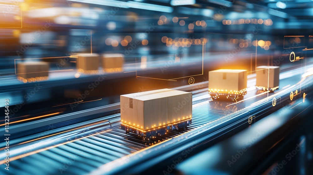 Poster automated conveyor belts efficiently transporting packages in a modern warehouse setting