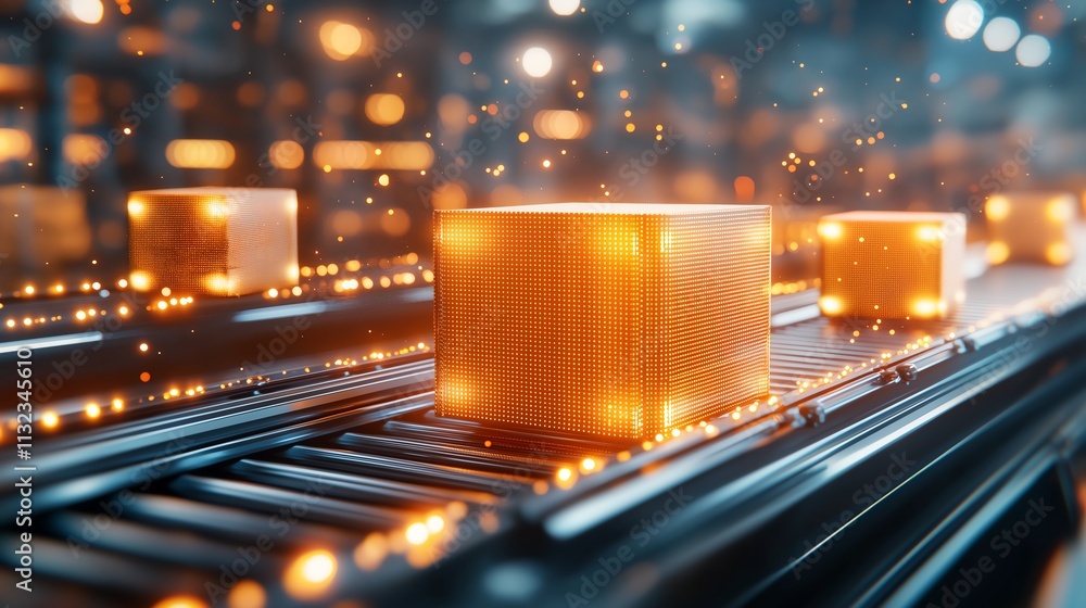 Poster a futuristic assembly line with glowing cubes moving on automated conveyors in a high-tech factory s