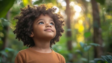 Naklejka premium Young child with curly hair is looking up at the sky. The child is wearing a brown shirt and he is smiling. The scene is set in a forest, with trees and plants surrounding the child