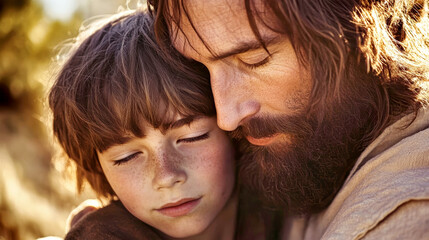 Fototapeta premium Comforting embrace between Jesus and a young man during a serene moment of compassion and love