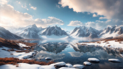 Snowy Mountain Range with Lake