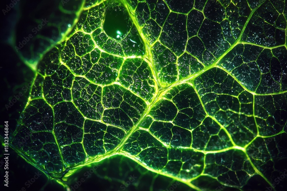 Poster close-up of a green leaf showcasing intricate vein patterns and textures.