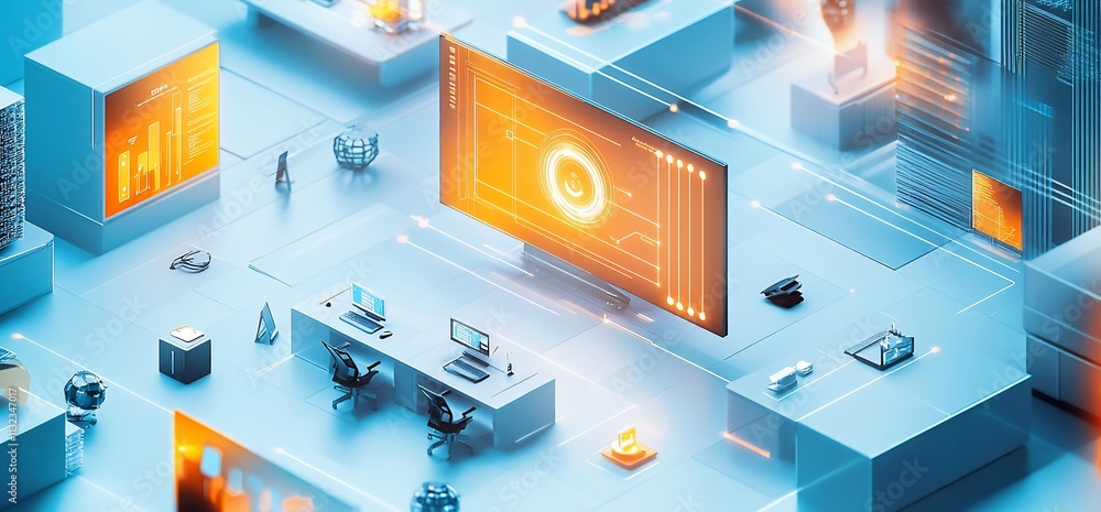 Leinwandbilder a futuristic workspace with digital displays and data visualization elements.