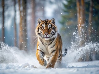 Obraz premium Siberian Tiger Winter Run: Amur Leopard in Taiga Snowstorm - Russia Wildlife Photography