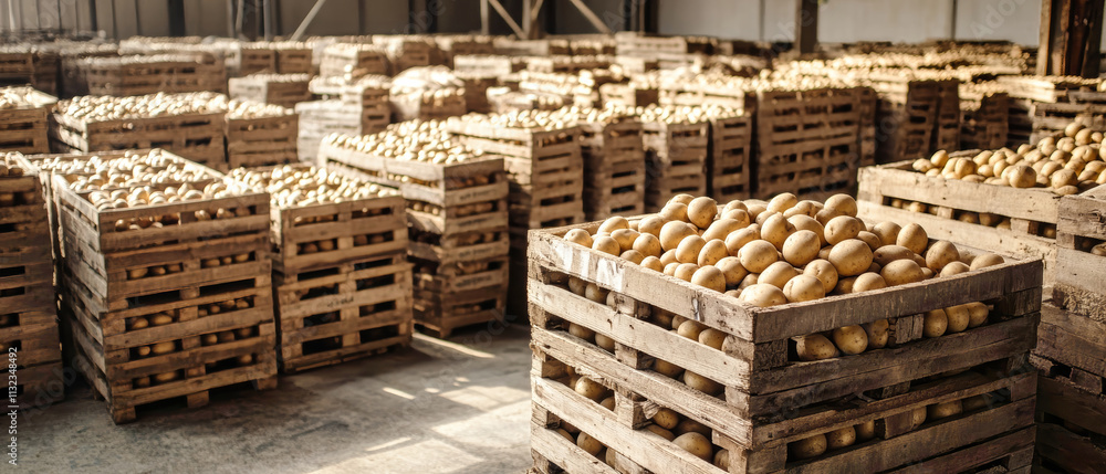 Poster Sunlit warehouse filled with wooden crates stacked high with fresh potatoes creating a rustic and inviting atmosphere