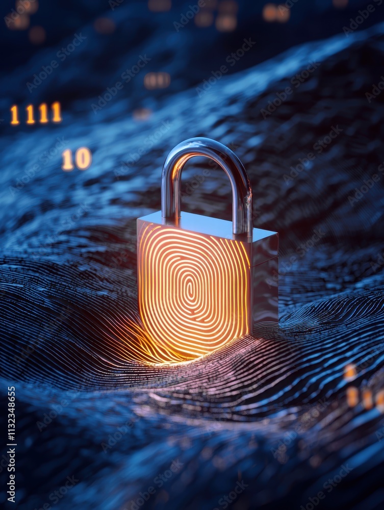 Poster a conceptual representation of digital security featuring a padlock with a fingerprint design.