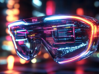 Futuristic Cyberpunk Goggles Displaying Neon City Data Streams