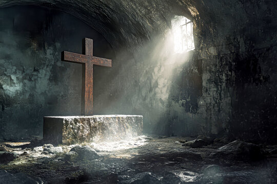 Resurrection of hope at the empty tomb with light illuminating the cross and stone