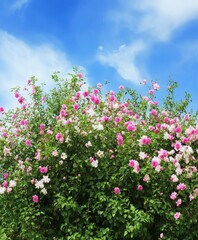 Fototapeta premium A Stunning Display of Pink and White Roses Against a Cloud-Kissed Blue Sky