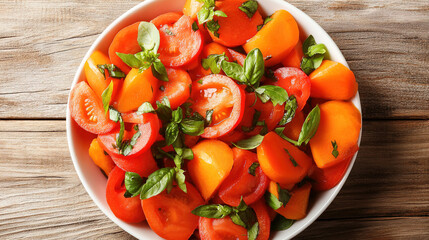 Fresh vegetable salad with ripe tomatoes and basil served in a white bowl on a rustic wooden table. Generative AI
