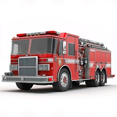 a fire truck, emergency service vehicle, high-resolution rendering, red and chrome, isolated on white background  
